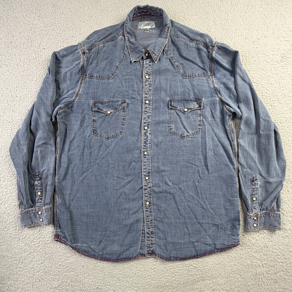 Ryan Michael Western Shirt Indigo Tencel Pearl Snap Long Sleeve Mens XXL